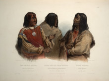 Картина "chief of the blood indians, war chief of the piekann indians and a koutani indian, plate 46 from volume 2 of &#39;travels in the interior of north america&#39;" художника "бодмер карл"