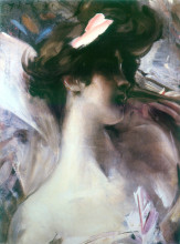 Репродукция картины "young woman&#39;s head on a pink background" художника "болдини джованни"