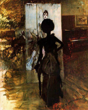 Картина "woman in black who watches the pastel of signora emiliana concha de ossa" художника "болдини джованни"