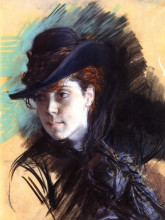 Репродукция картины "girl in a black hat" художника "болдини джованни"