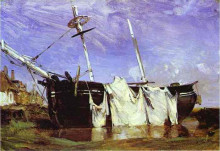 Картина "a boat beached in a port at low tide" художника "бонингтон ричард паркс"