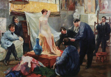 Репродукция картины "постановка натуры в мастерской и.е.репина" художника "борис кустодиев"