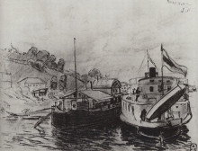 Копия картины "кинешма. пароход у пристани" художника "борис кустодиев"