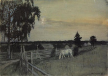 Копия картины "пасущиеся лошади" художника "борис кустодиев"