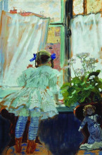 Копия картины "у окна. портрет и.б.кустодиевой" художника "борис кустодиев"