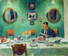 Копия картины "портрет м.в.добужинского за столом" художника "борис кустодиев"