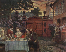 Репродукция картины "чаепитие" художника "борис кустодиев"