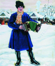Репродукция картины "деревенская масленица (гармонист)" художника "борис кустодиев"
