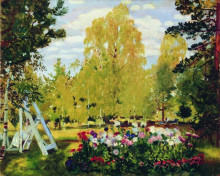 Копия картины "пейзаж с цветочной клумбой" художника "борис кустодиев"