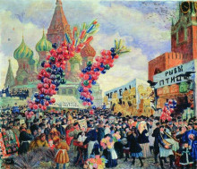 Копия картины "вербный торг у спасских ворот на красной площади в москве" художника "борис кустодиев"