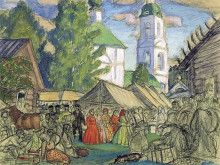 Копия картины "улица в провинциальном городке" художника "борис кустодиев"