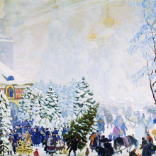 Копия картины "елочный торг" художника "борис кустодиев"