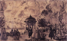 Копия картины "общественный сад на высоком берегу волги (гулянье на берегу волги)" художника "борис кустодиев"