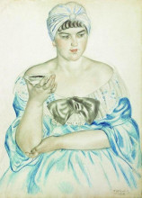 Репродукция картины "женщина, пьющая чай" художника "борис кустодиев"