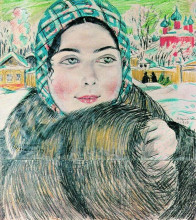 Репродукция картины "молодая купчиха в клетчатом платочке" художника "борис кустодиев"