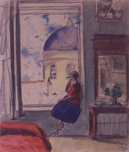 Репродукция картины "интерьер. женская фигура у окна (в мастерской)" художника "борис кустодиев"