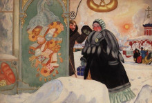 Репродукция картины "встреча на углу" художника "борис кустодиев"