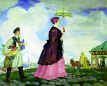 Репродукция картины "купчиха с покупками" художника "борис кустодиев"
