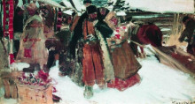 Репродукция картины "на базаре" художника "борис кустодиев"