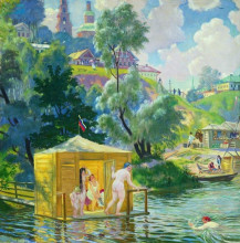Репродукция картины "купание" художника "борис кустодиев"