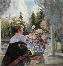 Копия картины "сцена у окна" художника "борис кустодиев"