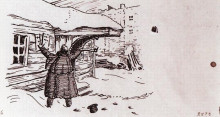Копия картины "штопальщик срывает вывеску (барин у дома штопальщика)" художника "борис кустодиев"