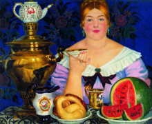 Репродукция картины "купчиха, пьющая чай" художника "борис кустодиев"