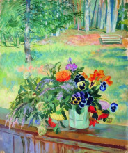 Репродукция картины "букет цветов на балконе" художника "борис кустодиев"