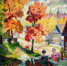 Репродукция картины "осень в провинции. чаепитие" художника "борис кустодиев"