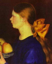 Картина "девушка с яблоками (портрет ирины кустодиевой)" художника "борис кустодиев"