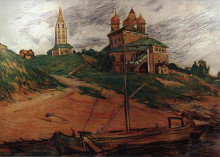Картина "на волге. пейзаж с преображенско-казанской церковью" художника "борис кустодиев"