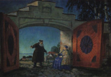 Копия картины "улица. ворота дома кабановых" художника "борис кустодиев"