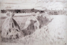 Картина "сжатое поле со снопами" художника "борис кустодиев"
