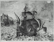 Репродукция картины "трехмачтовый вооруженный корабль с дедалом и икаром в небе" художника "брейгель старший питер"