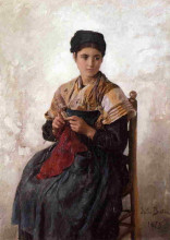 Картина "young woman knitting" художника "бретон жюль"