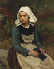 Картина "young brittany girl knitting" художника "бретон жюль"