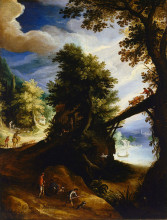 Репродукция картины "a wooded landscape with a bridge and sportsmen at the edge of the river" художника "бриль пауль"
