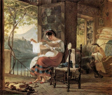 Репродукция картины "итальянка, ожидающая ребенка, разглядывает рубашку, муж сколачивает колыбель" художника "брюллов карл"