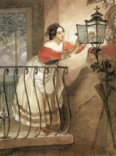 Репродукция картины "итальянка, зажигающая лампаду перед образом мадонны" художника "брюллов карл"
