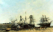 Картина "the port portrieux at low tide unloading fish" художника "буден эжен"