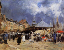 Картина "market at trouville" художника "буден эжен"