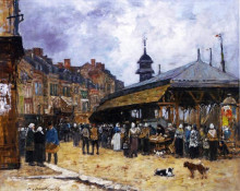 Картина "market day at trouville, normandy" художника "буден эжен"