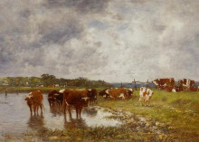 Копия картины "cows in a meadow on the banks of the toques" художника "буден эжен"