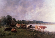 Репродукция картины "cows on the riverbanks of the touques" художника "буден эжен"