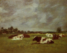 Репродукция картины "cows in a meadow, morning effect" художника "буден эжен"