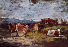 Репродукция картины "cows in a pasture" художника "буден эжен"