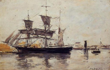 Картина "three masted ship at dock" художника "буден эжен"