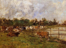 Репродукция картины "cows in the meadow" художника "буден эжен"