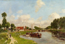 Картина "barges on the canal at saint-valery-sur-somme" художника "буден эжен"