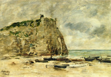 Репродукция картины "etretat, beached boats and the cliff of aval" художника "буден эжен"